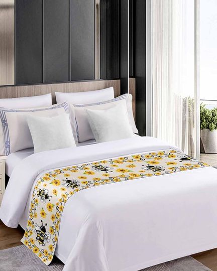Discover Sunflower Bee,Bed Runner Scarf Full Queen Size,Luxury Bed Throw Runners & Scarves for Twin Full Queen King Foot of Bed Bedroom Hotel Wedding Room,Vintage Farmhouse Yellow Spring Summer Floral 83"x20"