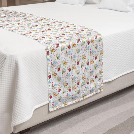 Discover Ambesonne Cartoon Bed Runner, Bugs with Colorful Flowers Ladybugs Dragonflies Bees Animal Fun, Decorative Accent Bedding Scarf for Hotels Homes and Guestrooms, King, Pale Blue Pink Red
