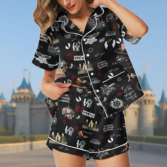 Discover Supernatural Short Satin Pajama Set, Satin Short Sleepwear, Winchester Brothers Loungewear, TV Show Gift, Dean and Sam Nightwear Outfit