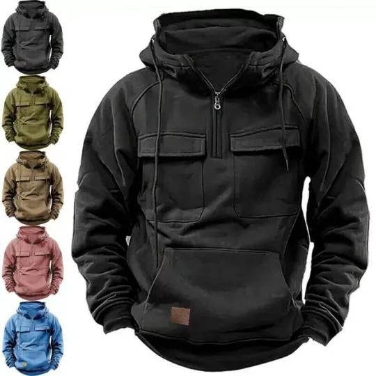 Discover Men's Combat Hooded Sweatshirt - Heavy Duty Zip Cargo Jacket Style UK