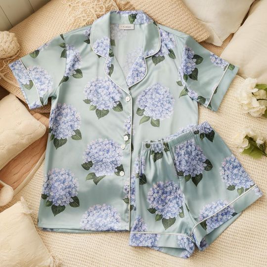 Discover Hydrangea Floral Bridesmaid Satin Pajamas Set, Bridesmaid Pajamas, Something Blue Bachelorette Party Pjs