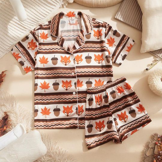 Discover Fox, Maple Leaves and Acorns Satin Pajamas,  Cozy Fall Aesthetic Pajamas, Cozy Season Pjs, Autumn Pajamas, Fall Fox Pajamas