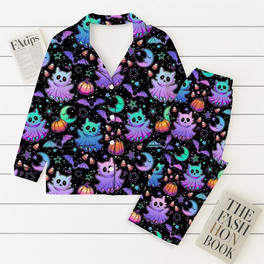 Discover Halloween Neon Witch Cat Pumpkin Bat Pajamas Set, Neon Halloween Sleepwear, Halloween Night Homewear, Cozy Loungewear, Spooky Season Gift
