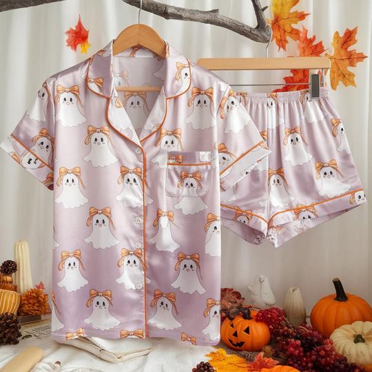 Discover Cute Ghosts and Bows Satin Pajamas Set, Ghost Pajamas, Coquette Halloween Pajamas