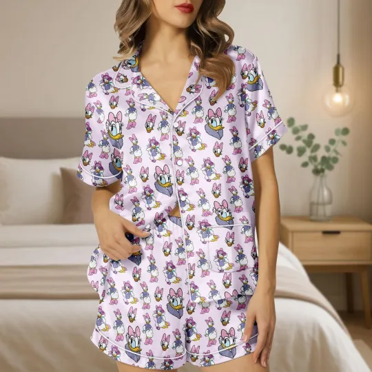 Discover Cute Daisy Duckk Mickeyy & Friends Cartoon Duck Satin Short-Sleeve Pajamas Set