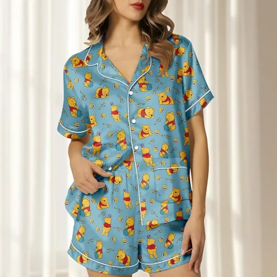 Discover Cute Pooh Bear winniee the poohh Honey Bear Satin Short-Sleeve Pajamas Set