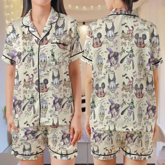 Discover Halloween Coquette Bow Mickeyy & Friends Satin Short-Sleeve Pajamas Set