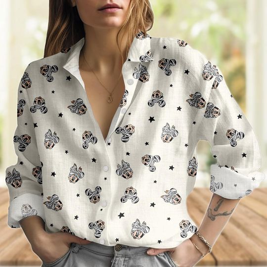 Discover Retro Mickeyy Minniee Halloween Linen-Look Shirt, Mickeyy Mummy Blouse Shirt