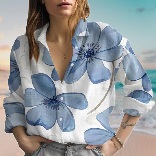 Discover Bold Blue Floral Blouse Shirt For Women, Flower Button Shirt