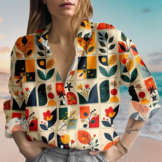 Discover Retro Abstract Floral Blouse Shirt, Colorful Botanical Geometric Linen-Look Shirt