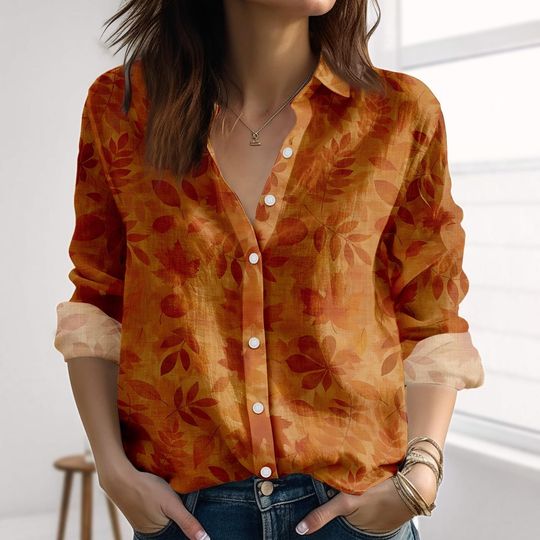 Discover Rustic Autumn Leaf Linen-Look Shirt, Burnt Orange Fall Blouse Shirt