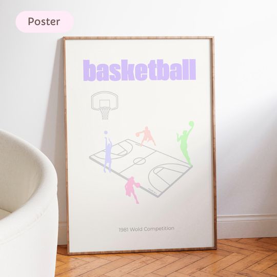 Discover 80s Basketball Poster, Pastel Tones Retro Wall Art, Vintage Sports Print, Cool Athletic Aesthetic Decor, basketball room print