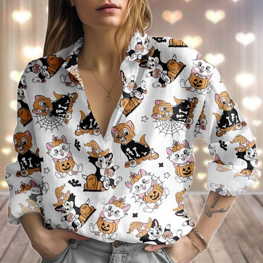 Discover Aristocatss Halloween Linen-Look Shirt, Marie Cat Pumpkin Women Shirt, Skeleton Kitten Blouse Shirt, Spooky Disneyyy Shirt For Halloween