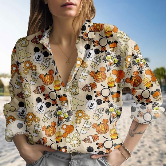 Discover Halloween Disneyyy Snacks Linen-Look Shirt, Mickeyy Foodie Women Blouse