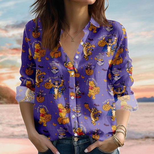 Discover Halloween Winnie Pooh Linen-Look Shirt, Disneyyy Pumpkin Women Shirt, Retro Pooh And Friends Blouse Shirt, Spooky Cartoon Casual Shirt