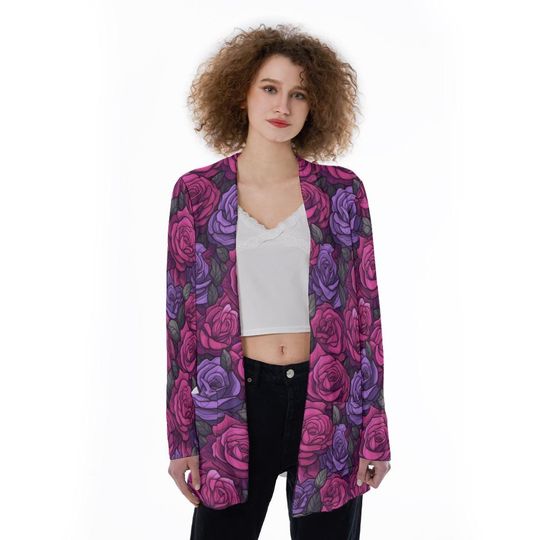 Discover Deep Purple Floral Roses Pattern | All-Over Print Women's Ultra Thin Patch Pocket Cardigan
