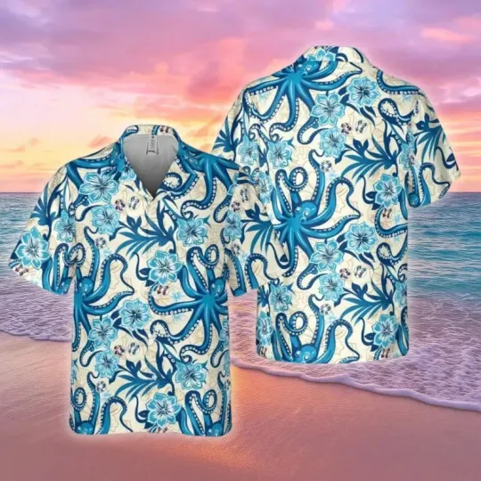 Discover Octopus Hawaiian Shirt Unisex Blue Floral Sea Beach Aloha Top S–5XL Summer Gift