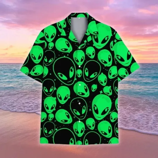 Discover Neon Green Alien Head Hawaiian Shirt Unisex Space Print UFO Tee S–5XL