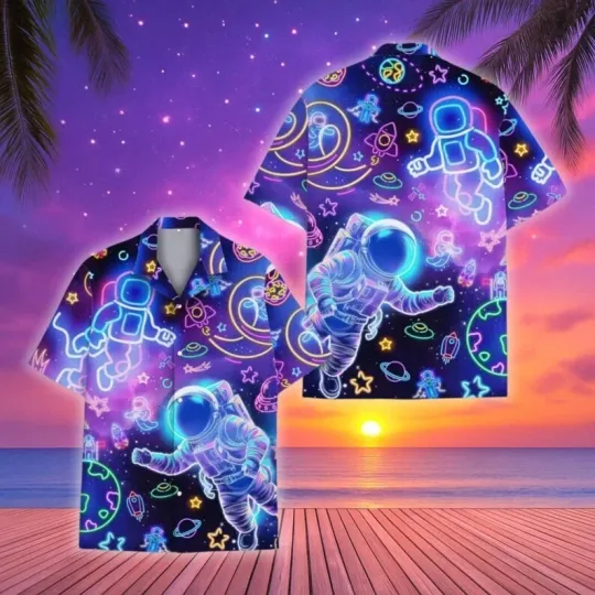 Discover Neon Astronaut Hawaiian Shirt Unisex Space Galaxy Print Party Tee