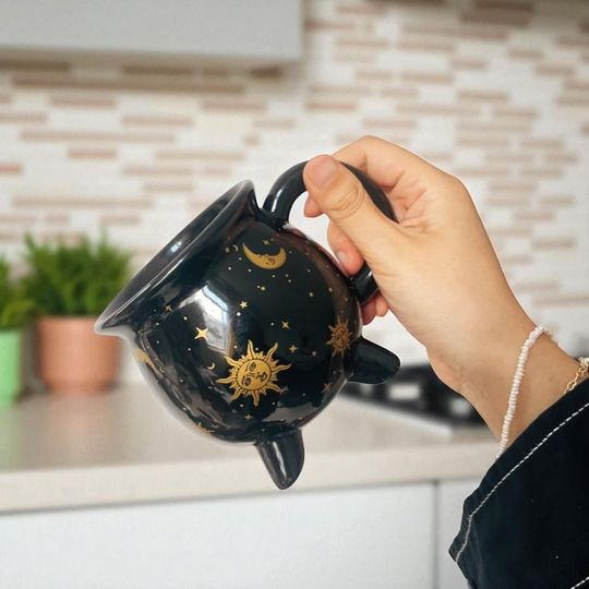 Discover Cauldron Style Mugs, Celestial Design Cauldron Mug, Witchy Coffee Cup, Gothic Moon and Sun Novelty Mug