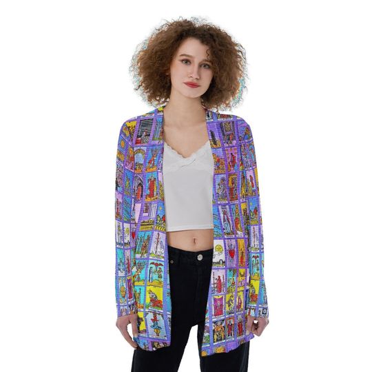 Discover Tarot Cards Print | Astrology Magic | Spiritual Psychic Reader | Purple | Ultra thin | Women's Patch Pocket Cardigan