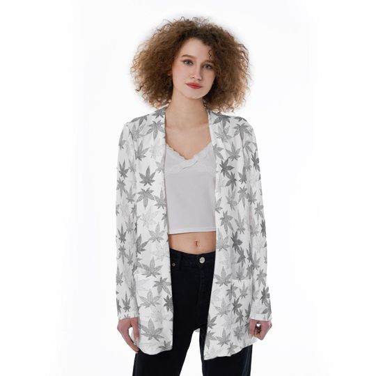Discover Marijuana Weed Leaf Print (Silver Gray) | Cannabis Hemp Dope | Sativa Indica Stoner Print |  Women's Ultra Thin Patch Pocket Cardigan