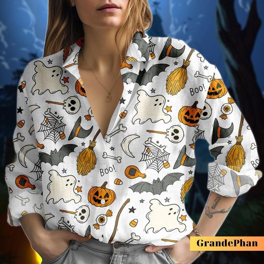 Discover Halloween Print Blouse Shirt, Wiz and Pumpkin Button