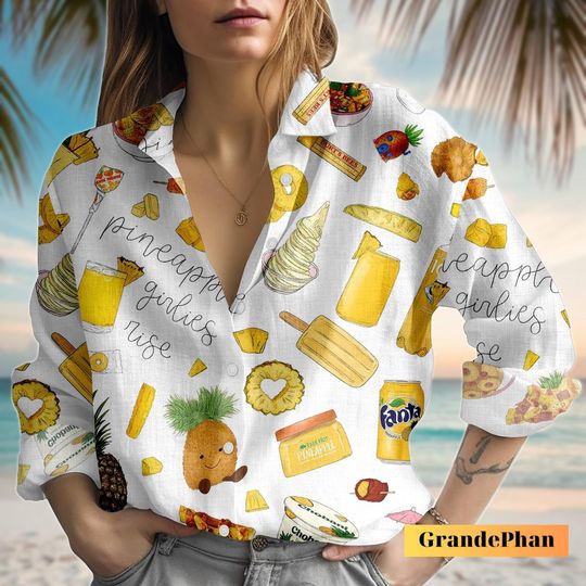 Discover Pineapple Print Blouse Shirt, Yellow Blouse Top Women