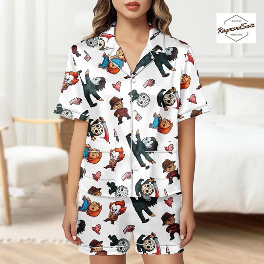 Discover Chibi Halloween Characters PJs Set, Kawaii Halloween Button Pajama,