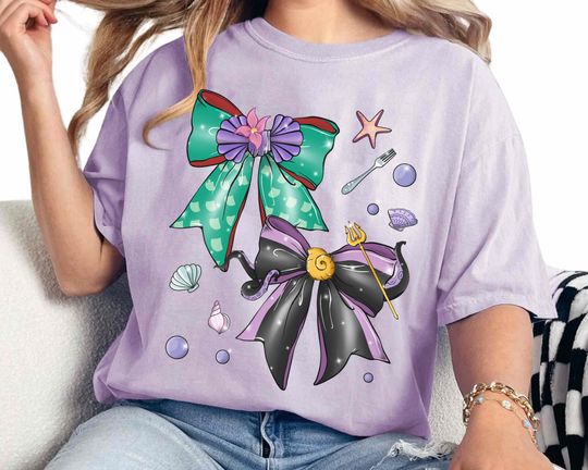 Discover Disneyyy The Littlee Mermaidd Villains Coquette Bow Watercolor Shirt, Ursula And Arielll Tee, Disneyyworld Disneyyworld Family Matching Trip