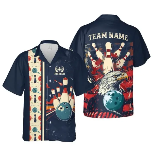 Discover Bowling And Pins Retro Multi Color Pattern Customized Name Hawaiian Shirt