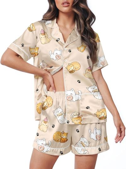 Discover Women Satin Pajama Set, Two Piece Short Sleeve Button Down Top and Shorts Loungewear for Her