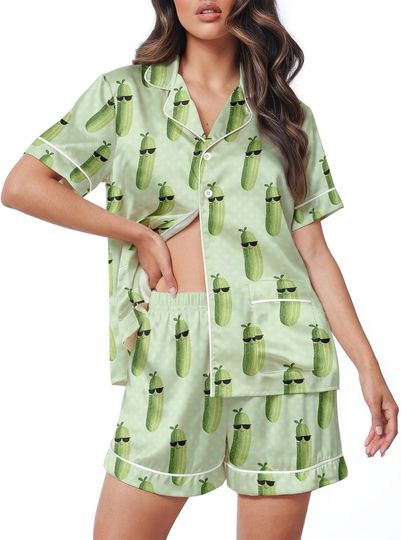 Discover Women Satin Pajama Set, Two Piece Short Sleeve Button Down Top and Shorts Loungewear for Her