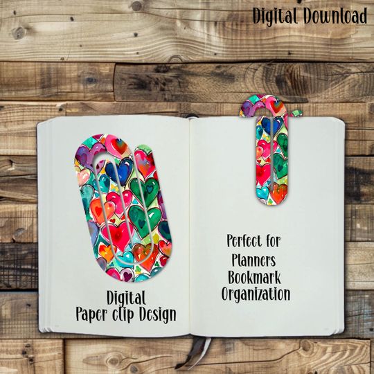 Discover Paper clip, Digital Design, Sublimation, Glitter, Watercolor, Heart, Gift, Bookmark, PNG, Planner, , Planner, Book Lover, PNG