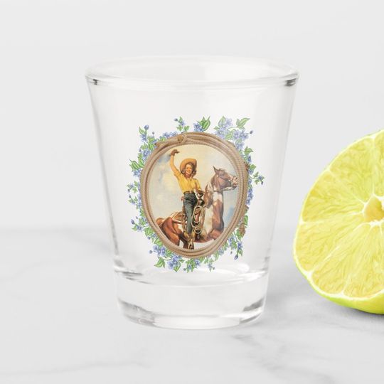 Discover Vintage Western Cowgirl With Rope and Flowers Shot Glass