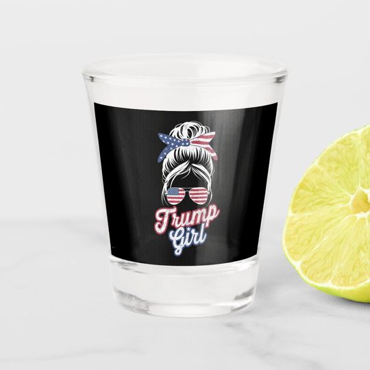 Discover Trump Girl Messy Bun Vintage USA American Flag Shot Glass
