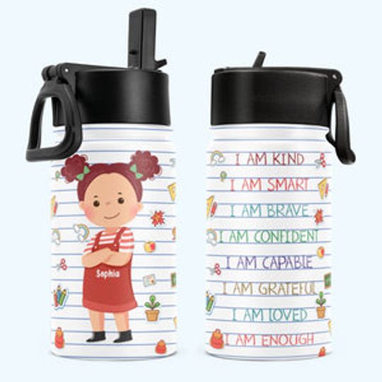 Discover Smart Loved Brave Confident - Personalized Kids Water Bottle With Straw Lid