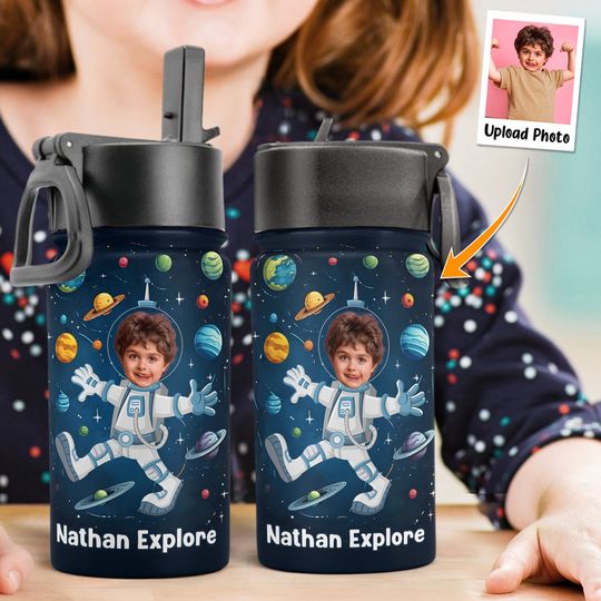 Discover Explore The Universe As Astronaut - Personalized Photo Kids Water Bottle With Straw Lid