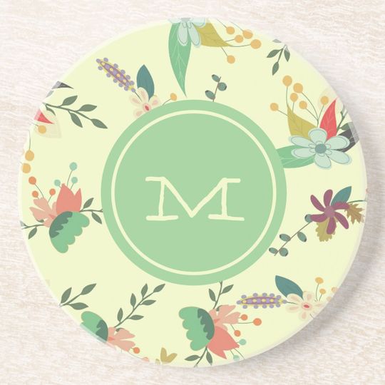 Discover Pretty Spring Floral Mint Monogram Coaster