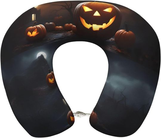 Discover Halloween Pumpkin Print Soft Travel U-Shaped Travel Neck Pillows