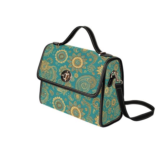 Discover Paisley Sun Boho Lock Bag, Black Strap Crossbody Purse, Bohemian Travel Work Bag