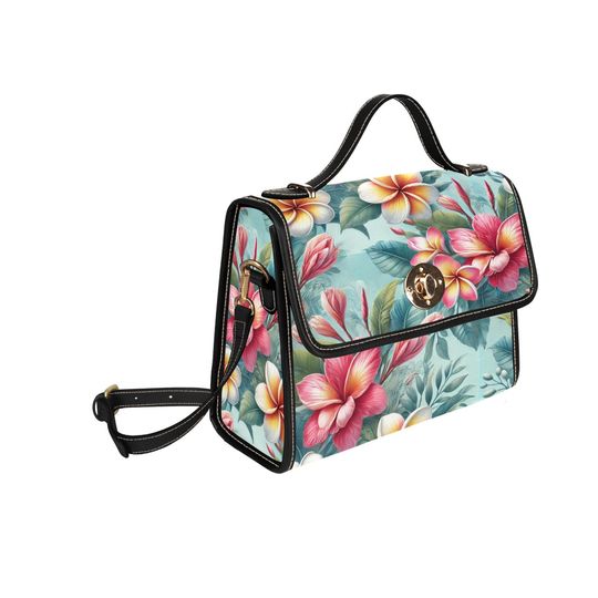 Discover Blue Hawaiian Lock Bag | Tropical Crossbody Tote with Black Strap | Women's iPad Handbag