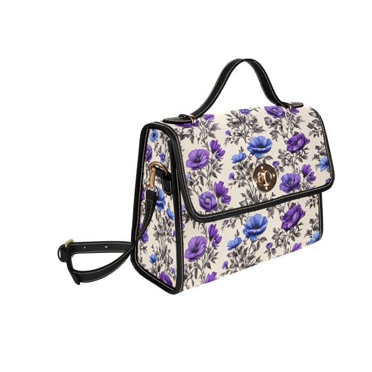 Discover Blue Purple Floral Lock Bag for Women | Black Shoulder Strap Crossbody