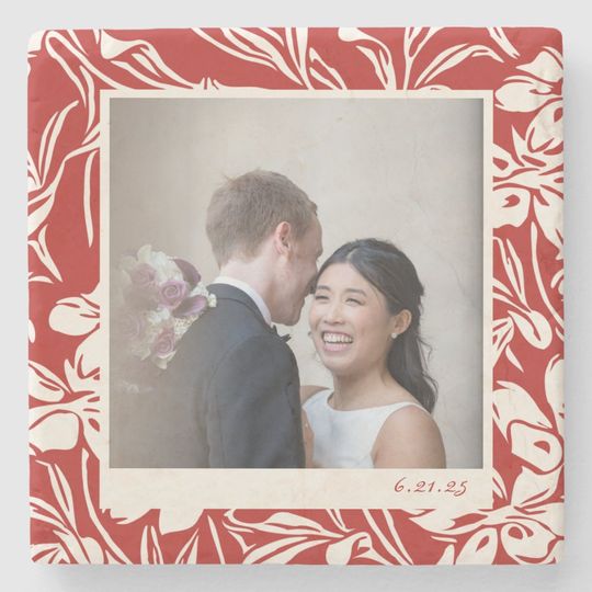 Discover Elegant Red Floral Pattern Custom Photo   Stone Coaster