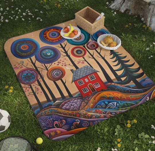 Discover Whimsical Cottage Picnic Blanket  Colorful Storybook Landscape Mat  Foldable & Waterproof Outdoor Blanket for Park or Beach, Family Gift