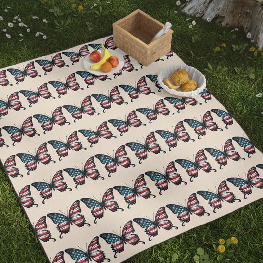 Discover Vintage American Flag Butterfly Picnic Blanket | Outdoor Blanket, Family Gathering Accessory, Cute Summer Decor, BBQs, Memorial Day