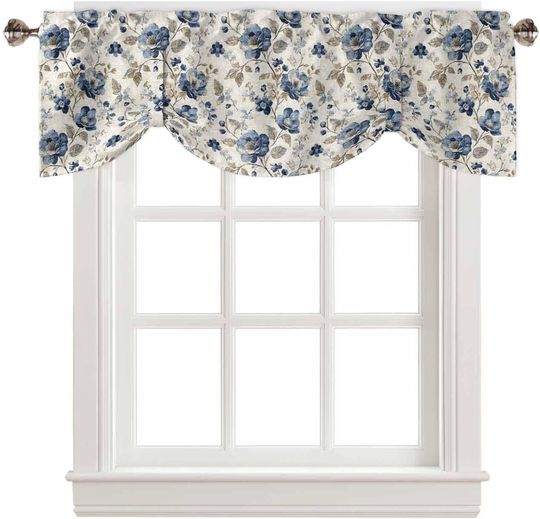 Discover Blue Gray Spring Floral Tie Up Valance Curtains for Windows, Kitchen Curtains Window Shades, Vintage Botanical Leaf Farmhouse Light Filtering Roman Curtain Valances for Bedroom/Bathroom/Cafe 54''x18''