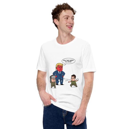 Discover Funny Political Snowball Fight T-Shirt | Trump Putin Zelenskyy Graphic Tee | "You Two Need To Stop" Shirt | Unique Political Gift