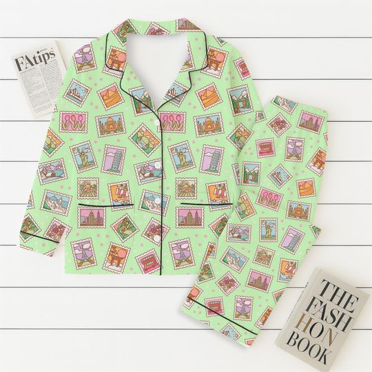 Discover Travel Stamp Pajamas Set, Travel-Themed Sleepwear, Cute Stamps Homewear