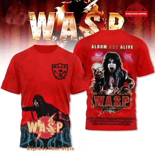 Discover WASP Band Album One Alive World Tour 2025 Red 3D Shirt All Size S-5XL